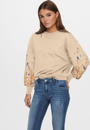 Only Sweatshirt ONLY ONLBROOKE L/S O-NECK FLOWER SWT, Damen, Gr. XL, pale khaki print:sleeve flower, Sweatware, Obermaterial: 60% Baumwolle, 40% Polyester,