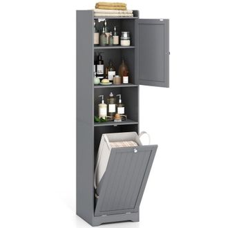 Costway Mobile da Bagno, Armadietto Alto in Legno con Ripiano Regolabile, Cestino per Portabiancheria con Maniglie e Mensola Aperta, 40 &times; 40 &times; 170