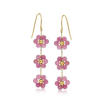 RS Pure by Ross-Simons Pink Tourmaline Bead Flower Drop Earrings in 14kt Yellow Gold