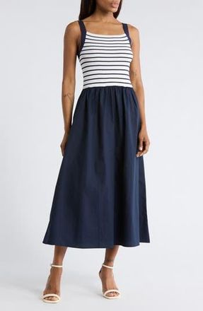 Blu Pepper Stripe Sleeveless Mixed Media Midi Dress in Navy at Nordstrom Rack, Size Medium