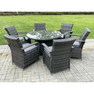 Fimous Outdoor Rattan Garden Furniture Dining Set Table And Chair Set Wicker Patio 6 Chairs Plus Round Clear Tempered Glass Table - Fimous