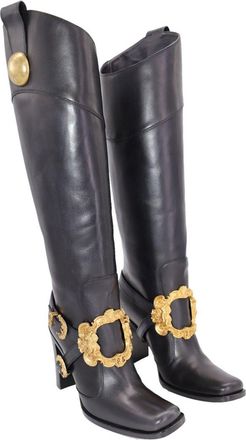 Dolce & Gabbana Womens Leather Knee High Boot with Gold Buckle Detail (Authentic Pre-Loved)