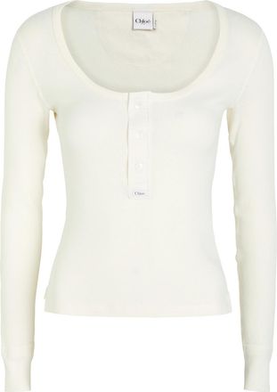Chlo&eacute; Logo-appliqu&eacute;d Cotton Henley top - Off White - S (UK8-10 / S)