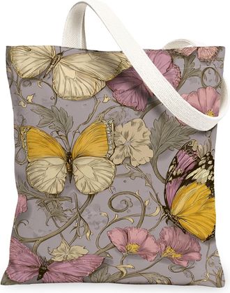 Generic Butterfly Floral Canvas Tote Bags, Elegant Insect Design Reusable Grocery Bags, Spring Vintage Lightweight Washable Shoulde, Violet, 13x15 Inch