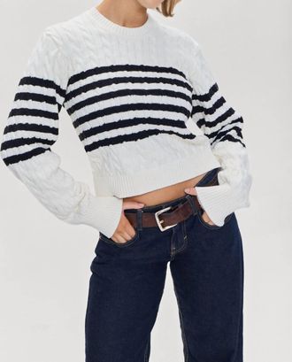 Frankies Bikinis Varsity Striped Cable Knit Sweater In Ivory