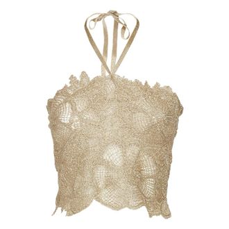 Simona Corsellini Sleeveless Tops, female, Beige, Size: XS Top ricamo crochet lurex annodato al collo