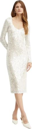 Patrizia Pepe Kleedjes, Dames, Beige, S, Pailletten, Jurk met pailletten, midi-lengte