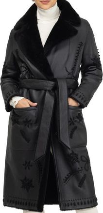 Gorski Genuine Shearling Short Coat with Embroidery, Belt in Black/black at Nordstrom, Size X-Large