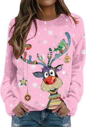 Generic Christmas Jumpers for Women Cute Reindeer Print Sweatshirt Loose Funny Christmas Jumpers Long Sleeve Crewneck Ugly Shirt Ladies 2025 Fashion Hoodies S