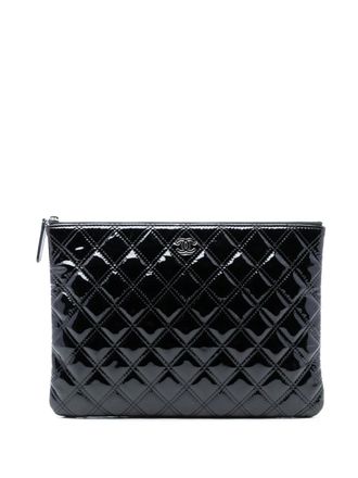 Chanel 2014-2015 Medium Quilted Patent Double Stitch O Case clutch bag - Black