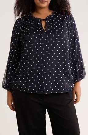 Adrianna Papell Ruffle Long Sleeve Top in Navy/Ivory Timeless Dot at Nordstrom Rack, Size 1X