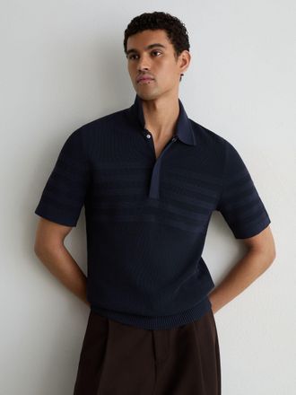 Reiss Navy Cotton-blend Textured-knit Half-zip Polo Shirt, Xxl