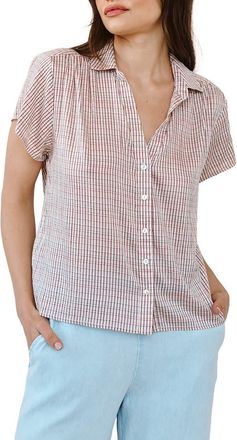 Bella Dahl Check Shirred Short Sleeve Button-Up Shirt in Sunwashed Check at Nordstrom, Size X-Large