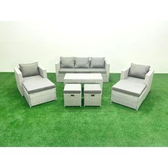 Fimous Fimous - Rattan Garden Furniture Set Outdoor Lounger Sofa with Coffee Table 4 Footstools Light Grey Mixed 9 Seater