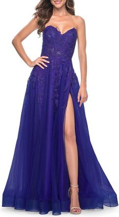 La Femme Sweetheart Tulle Strapless Gown with Lace Applique in Indigo at Nordstrom, Size 10