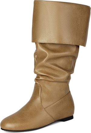 Generic Womens Slouchy Mid-Calf Boots Faux Leather Fold-Over Cuff Round Toe Flat Heels Comfortable Non-Slip Cosplay Costume Casual Daily Shoes,Khaki,6.5 UK