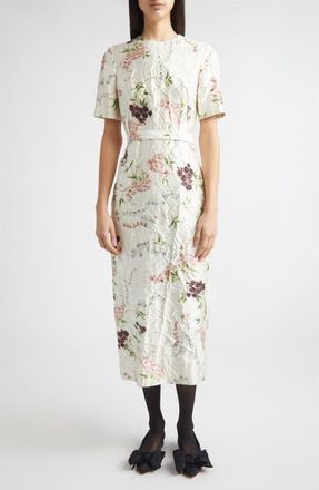 Erdem Floral Print Textured Satin Midi Pencil Dress in French Chintz Multi White at Nordstrom, Size 6 Us