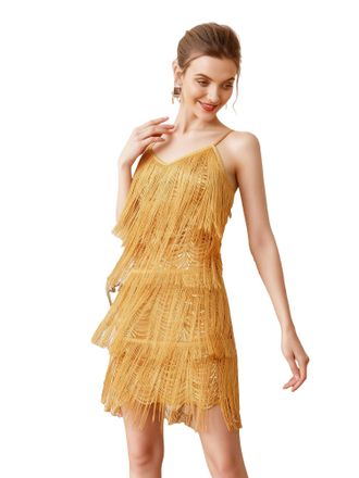 Ever-pretty Womens Sequin Fringe Cocktail Dress, 1920s Iridescent Vintage Flapper Spaghetti Strap Mini Dress for Gatsby Party Ginger XL