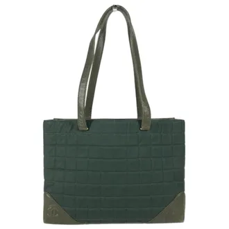 Chanel Chocolate Bar Khaki Nylon Leather Shoulder Bag Tote Bag (Pre-Owned)