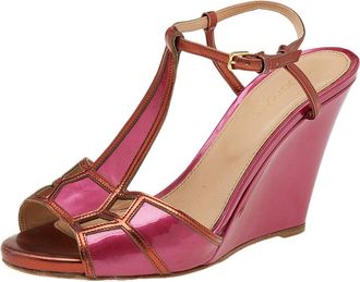 Sergio Rossi Pink/metallic Bronze Patent And Leather Wedge Ankle Strap Sandals