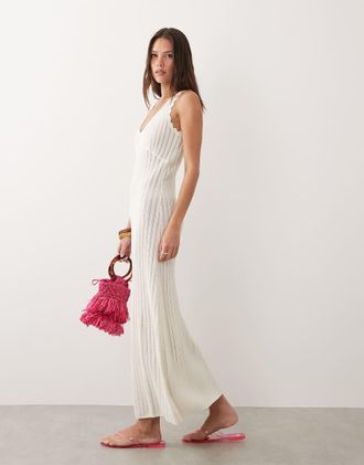 Rhythm Vestito lungo in maglia color crema con bordi smerlati-Bianco