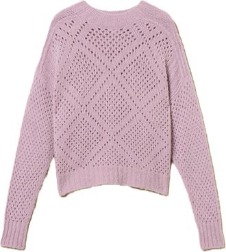 Twinset Stijlvolle Crewneck Sweater met Gemengde Stiksels - Dames - Ronde hals truien - Paars - M - Wol - Truien & Vesten