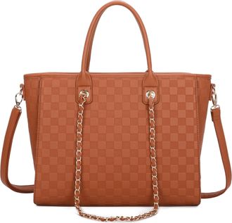 Generic Womens Tote Bag, Beige Checkered Pattern, Chain Strap Detail, Shoulder Bag with Crossbody Strap (Brown)