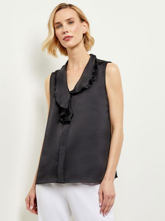 Misook Waterfall Ruffle Crepe de Chine Blouse, Black