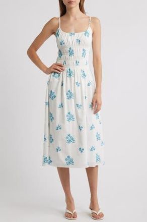 Charles Henry Floral Embroidery Smock Waist Cotton Dress in Ivory/Blue Embroidery at Nordstrom Rack, Size X-Small