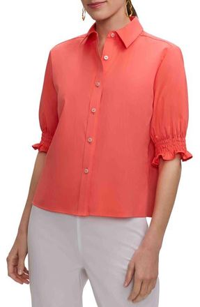 Foxcroft Vivienne Elbow Sleeve Matte Sateen Button-Up Shirt in Georgia Peach Orange at Nordstrom, Size Large