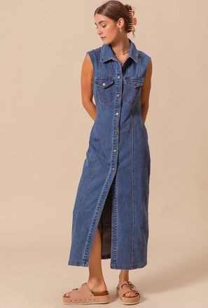So Me Button Front Denim Shirt Dress In Blue