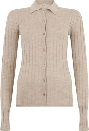 Toteme Ribgebreide Cardigan - Dames - Vesten - Beige - XS - Leer - Truien & Vesten