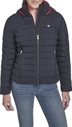 Tommy Hilfiger Womens Solid Hooded Packable Coat Jacket Outerwear, Sky Captain, S