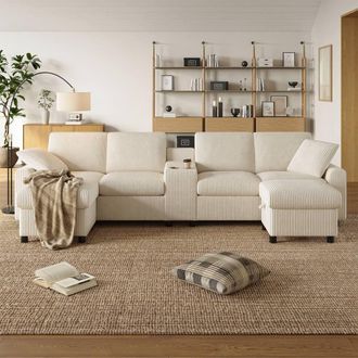 Merax U Shaped Corduroy Sectional Sofa with Ottomans, Charging Ports in Beige