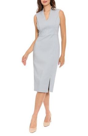 London Times V-Neck Pleated Shoulder Sheath Dress in Denim Blue/Oyster White at Nordstrom Rack, Size 12