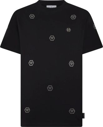 Philipp Plein Tops, Heren, Zwart, 3Xl, Katoen, T-shirt met ronde hals Monogram Stones Monogram