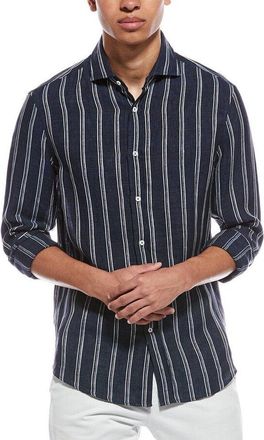 Brunello Cucinelli Navy Linen Striped Button-Up Shirt, Size X-Small