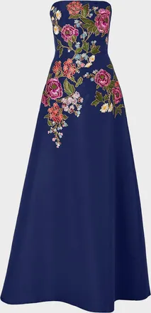 Carolina Herrera Strapless Floral-Embroidered Silk Gown