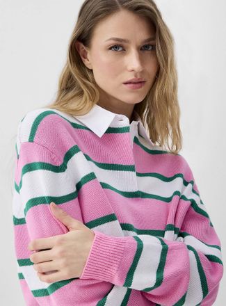 Icone Womens Rugby stripes loose polo-collar sweater
