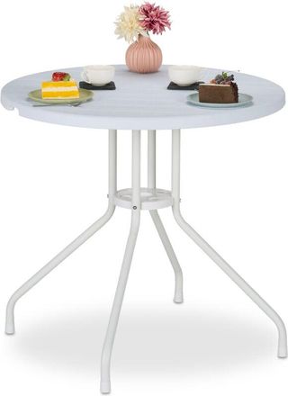 Relaxdays Relaxdays Garden Table, HWD: 74 x 80 x 80 cm, Wood Look, Plastic & Steel, Outdoor Dining, Round, for Balcony, White