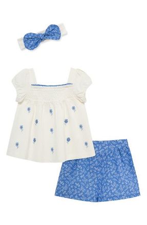 Little Me Embroidered Top, Shorts & Headband Set in Blue at Nordstrom, Size 12M
