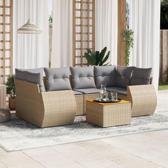 vidaXL Set Sof&aacute;s De Jard&iacute;n 7 Piezas Y Cojines Rat&aacute;n Sint&eacute;tico Beige Vidaxl