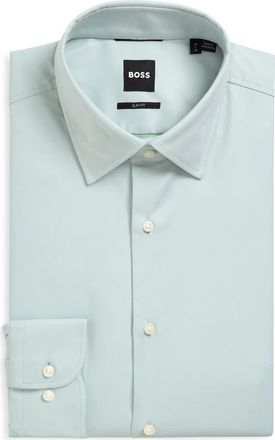 BOSS Hank Kent Slim Fit Performance Stretch Dress Shirt in Open Green at Nordstrom, Size 14.5R