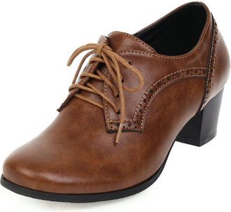 Generic Womens Lace-Up Brogue Ankle Boots with Block Heel & Faux Leather Dress Shoes,Brown,7.5 UK
