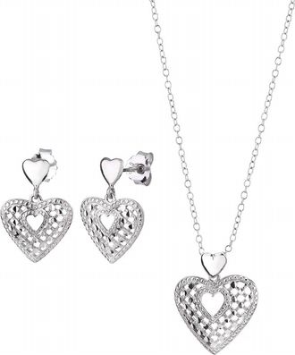 Gold & Honey Womens Quilted Drop Heart Earrings And Pendant Necklace Set In Silver