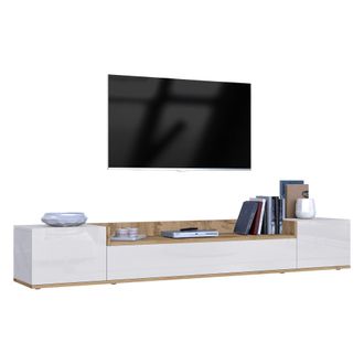 Dmora Mueble Para Tv Oxanna, 3 Estantes, 3 Puertas Fabricado En Italia, 4 Compartimentos, 200x35x30h Cm Blanco Brillo