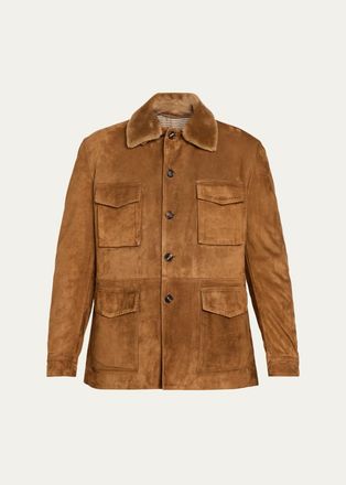 Cesare Attolini Mens Faux-Fur Collar Suede Jacket