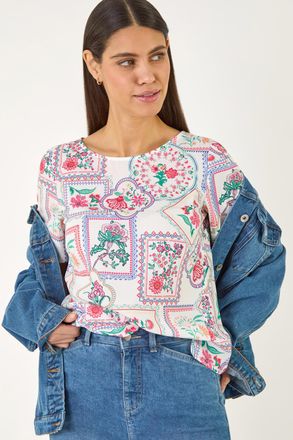Roman Floral Patchwork Print Tunic Top