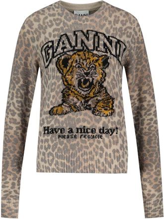 Ganni Womens Leopard-Print Wool Sweater Beige Sweatshirts