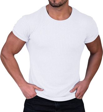 Generic Cozy Striped Tshirt for Men Top Summer Vertical Stripe Solid Color Round Neck Fitness Fit Running Short Sleeve T Shirt for Outdoor Workout Party Xmas 